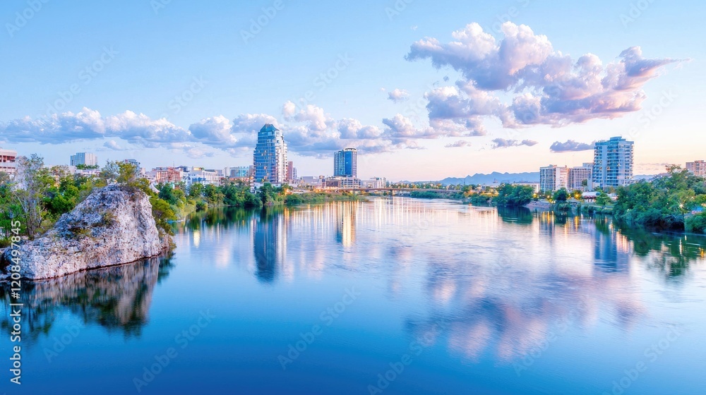 Naklejka premium Cityscape sunset reflection, river, buildings, tranquil. Use Travel brochure