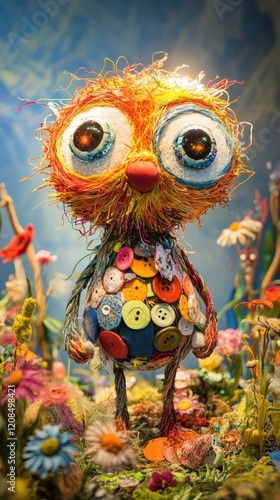 Whimsical and Quirky Handmade Mixed Media Character Figurine Surrounded by a Fantastical Natural Environment of Bright Flowers and Vegetation  Unique Artisanal and One of a Kind or Ornament