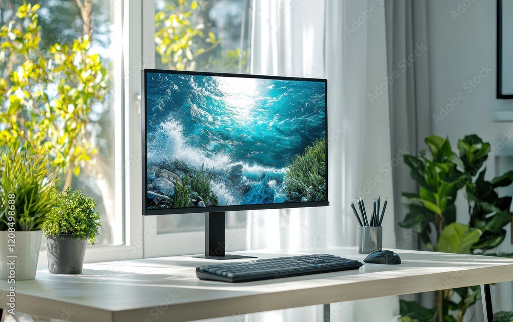 Professional home office setup with a widescreen monitor mockup on a white desk, large window in the background, bright daylight Professional home office setup with a widescreen monitor mockup on a white desk, large window in the background, bright daylight