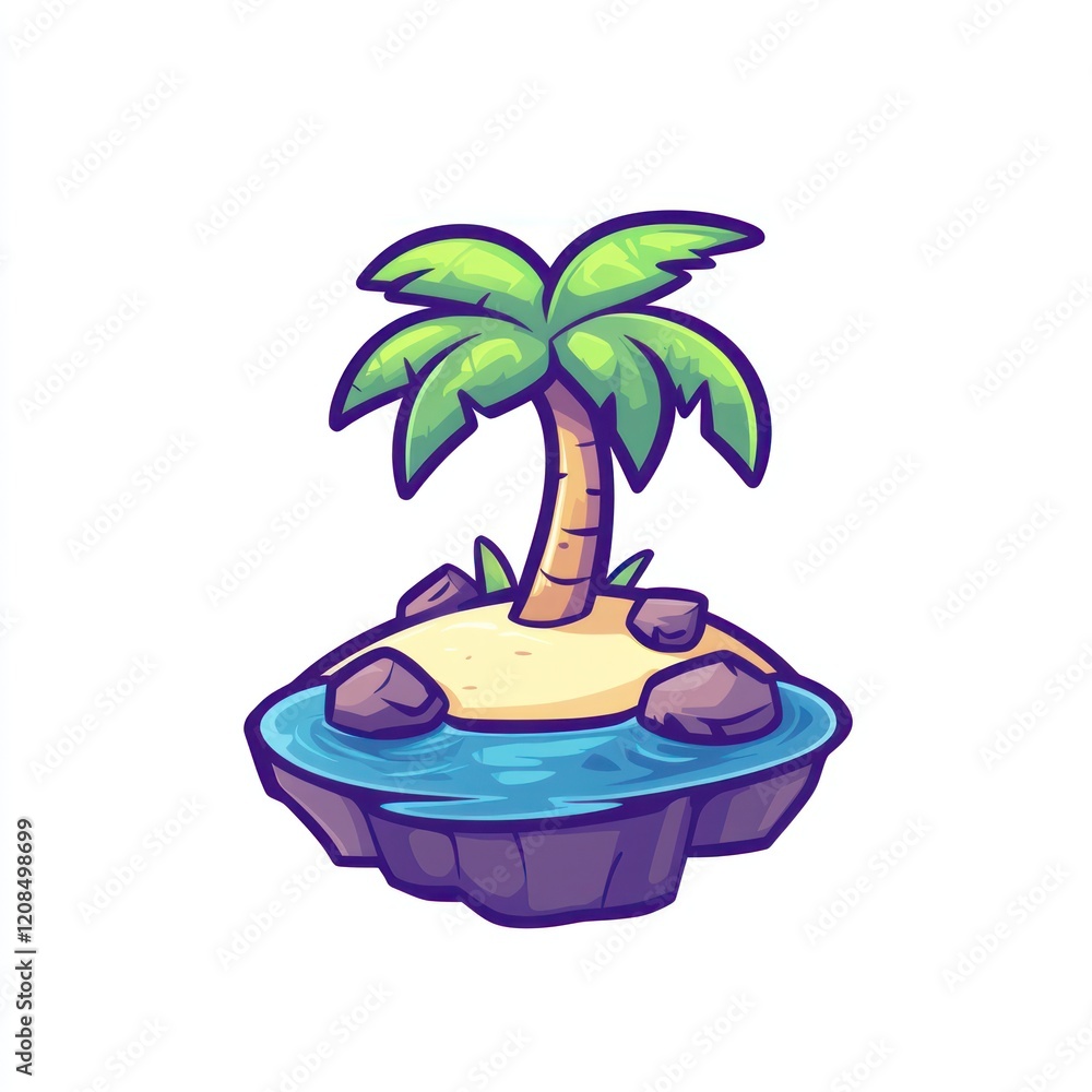 Obraz premium Tropical Island Scene Palm Tree Ocean Rocks Sand