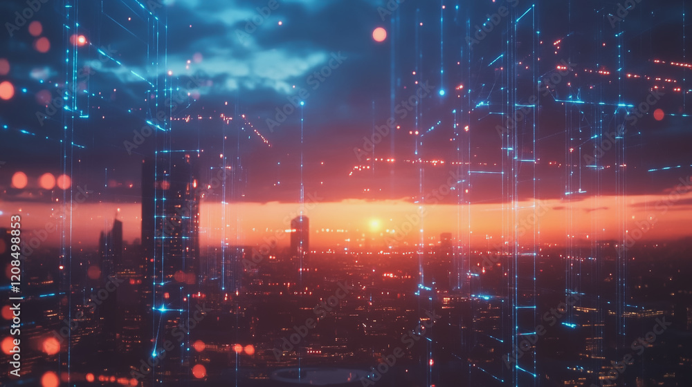 Fototapeta premium Smart digital Innovation city with connection network reciprocity over the cityscape. of future smart wireless digital city and social media networking systems that connects people with in city