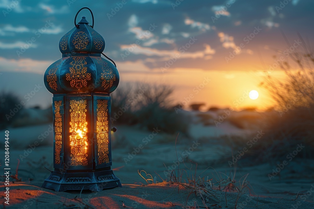 Obraz premium Ornate Lantern Illuminates Desert Sunset Landscape