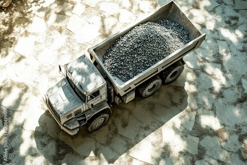 A dump truck is carrying a load of gravel on a pebble-covered surface under the shade of a tree. photo