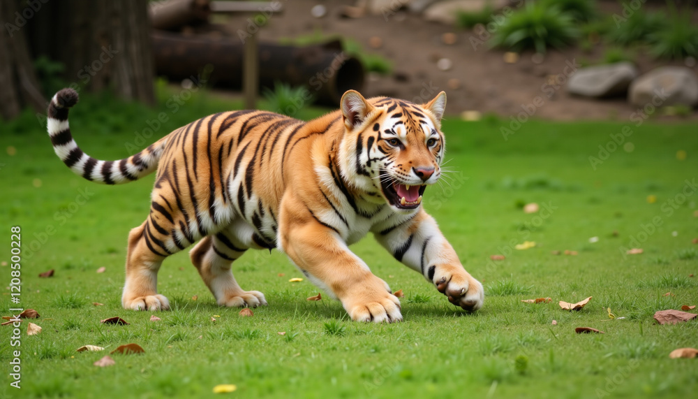 Obraz premium Playful baby tiger chasing its tail in grassy enclosure, zoo baby season
