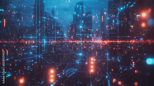Smart digital Innovation city with connection network reciprocity over the cityscape. of future smart wireless digital city and social media networking systems that connects people with in city