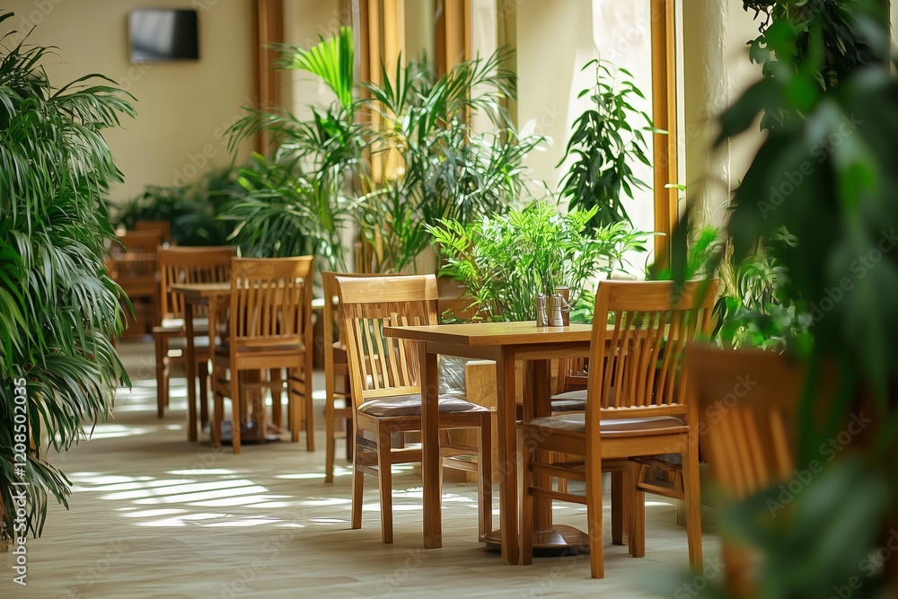 Fototapeta premium Cozy restaurant interior design with empty wooden chairs, tables and green plants decoration. Modern cafe interior filled with indoor plants, eco style 
