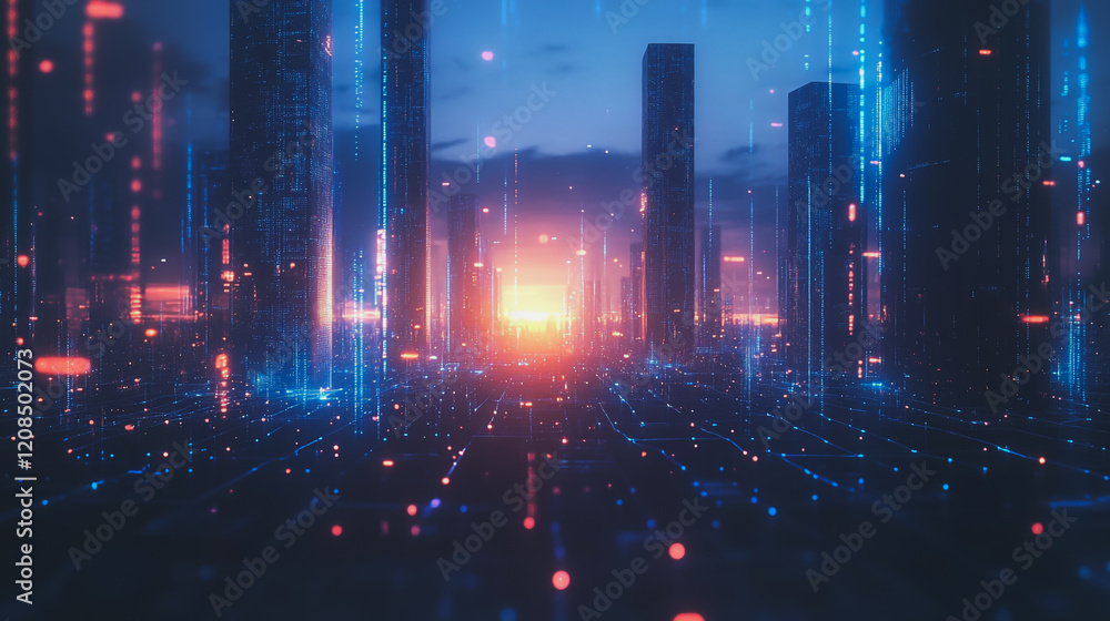 Obraz premium Smart digital Innovation city with connection network reciprocity over the cityscape. of future smart wireless digital city and social media networking systems that connects people with in city