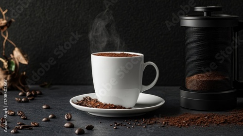 Steaming coffee cup, dark background, French press, coffee beans