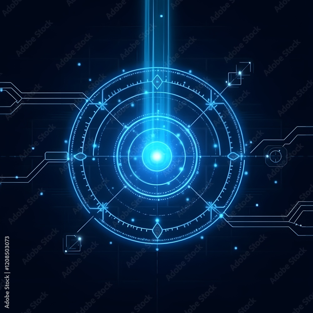 HUD circle interface displaying futuristic holographic technology with glowing blue light and digital precision. HUD circle interface displaying futuristic holographic technology with glowing blue light and digital precision.