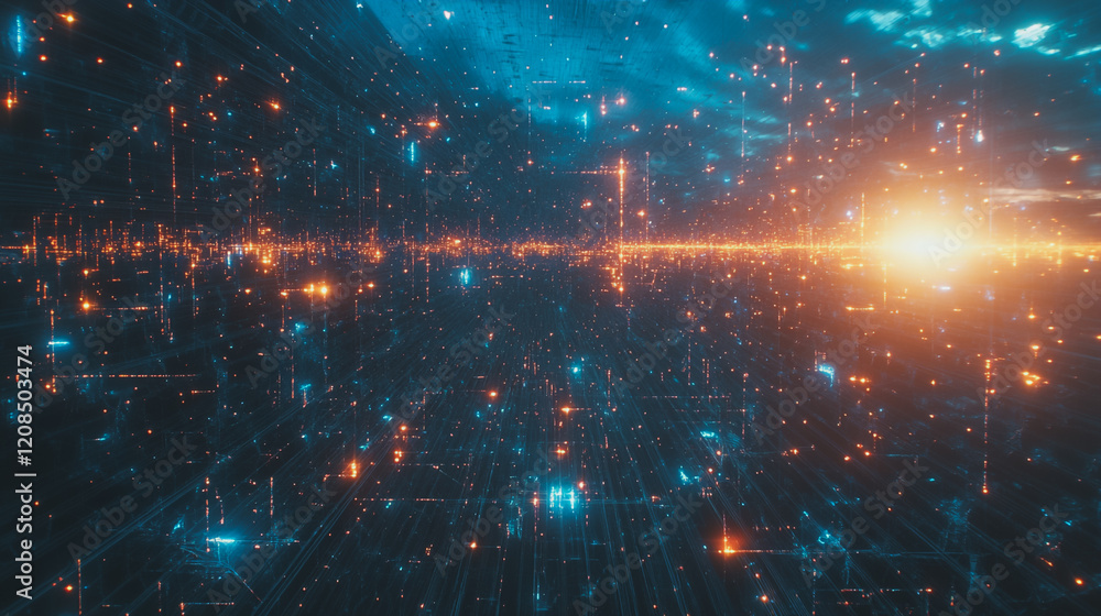 Fototapeta premium Smart digital Innovation city with connection network reciprocity over the cityscape. of future smart wireless digital city and social media networking systems that connects people with in city