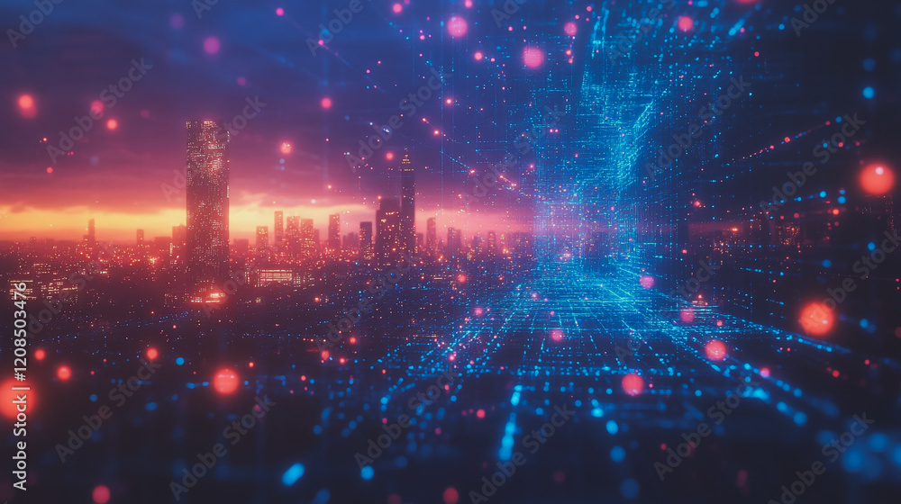 Smart digital Innovation city with connection network reciprocity over the cityscape. of future smart wireless digital city and social media networking systems that connects people with in city