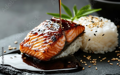 Japanese teriyaki sauce dripping over grilled salmon, sesame seeds, and rice, set against a minimalistic Zen-inspired background photo