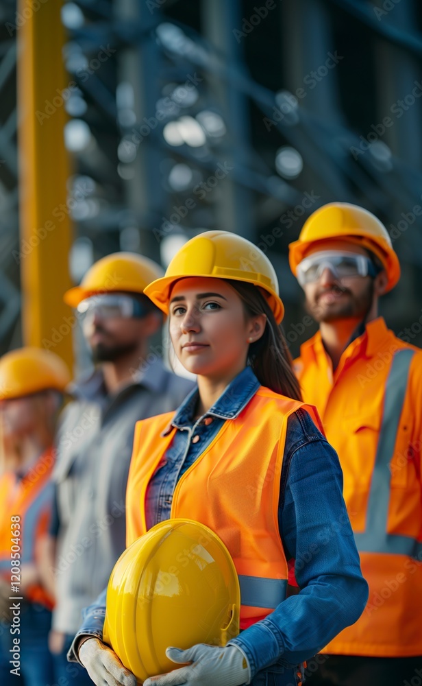 Close-up of a female engineer holding safety equipment, observing the progress of construction work under bright sunlight.. Close-up of a female engineer holding safety equipment, observing the progress of construction work under bright sunlight..