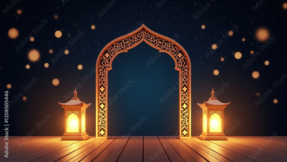 Ornate Archway With Lit Lanterns Night Scene Ornate Archway With Lit Lanterns Night Scene