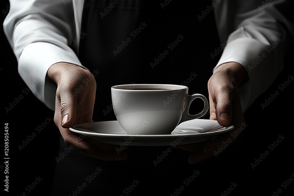 Waiter in black apron stretches a cup of coffee Waiter in black apron stretches a cup of coffee