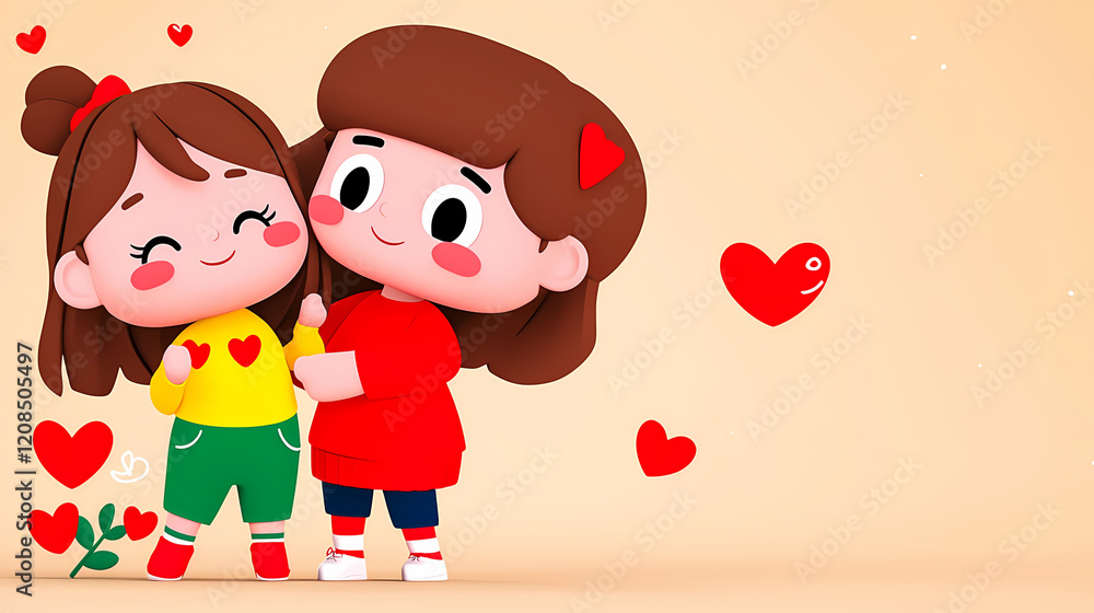 Cute girls embrace, surrounded by hearts Sweet friendship, Valentine's Day. Cute girls embrace, surrounded by hearts Sweet friendship, Valentine's Day.