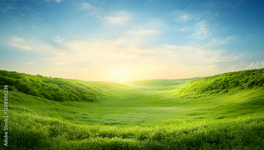 Fototapeta premium Serene sunrise over lush green valley, rolling hills, vibrant meadow, idyllic landscape, peaceful nature scene, tranquil morning light.