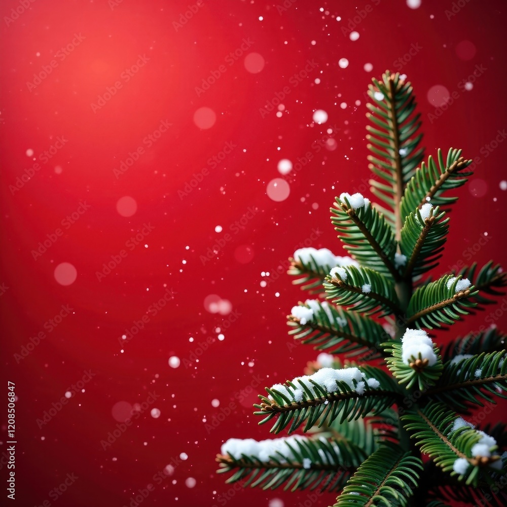 Snow falls gently on the branches of a pine tree against a warm red Christmas background, nature, red christmas Snow falls gently on the branches of a pine tree against a warm red Christmas background, nature, red christmas