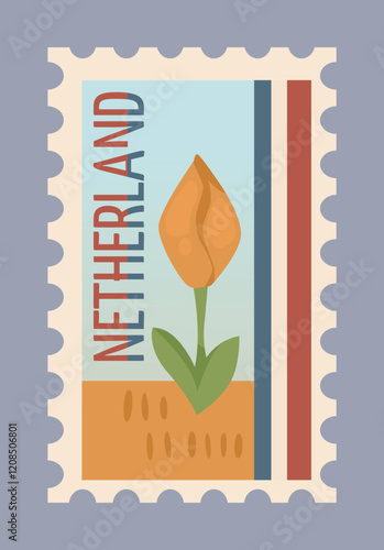 Postage stamp design featuring a tulip flower, vibrant colors, and Netherlands text, on a light blue and orange background. Concept of Dutch culture. Vector illustration