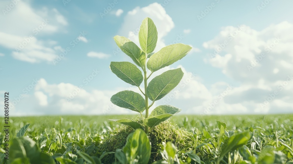 Fototapeta premium Young plant growing, sunny field, sky, nature, growth concept