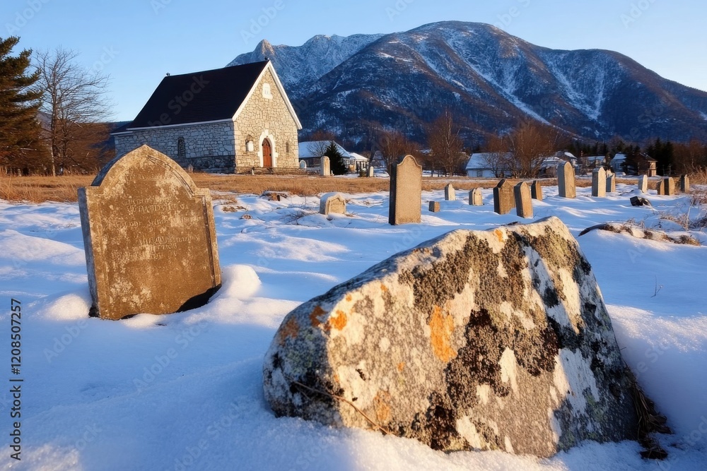 A serene snowy cemetery set against majestic mountains, featuring gravestones blanketed in snow, conveying a sense of peace and remembrance in winter. A serene snowy cemetery set against majestic mountains, featuring gravestones blanketed in snow, conveying a sense of peace and remembrance in winter.
