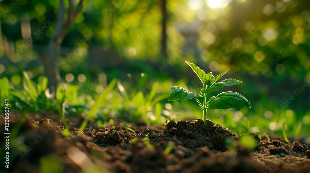 A close-up of a small green plant sprouting from rich soil under warm sunlight, symbolizing growth, nature, and sustainability.. A close-up of a small green plant sprouting from rich soil under warm sunlight, symbolizing growth, nature, and sustainability..