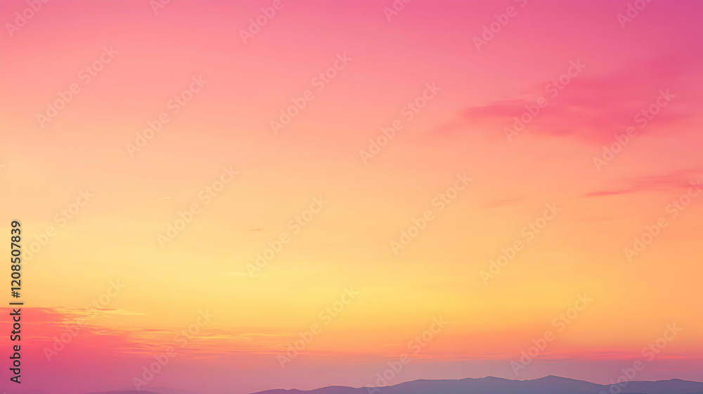Serene sunset landscape showcasing a breathtaking gradient of pink, orange, and yellow hues across the sky, with a distant mountain range silhouetted at the horizon. Serene sunset landscape showcasing a breathtaking gradient of pink, orange, and yellow hues across the sky, with a distant mountain range silhouetted at the horizon.