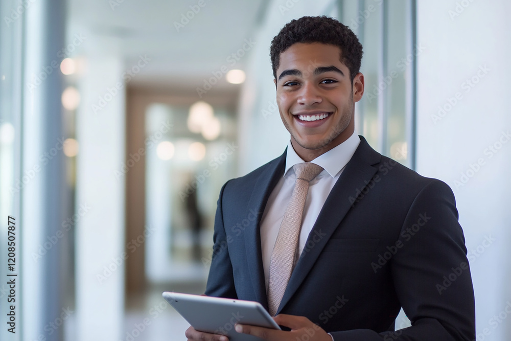 Fototapeta premium Portrait of a young hispanic business man standing in office, smiling, holding a tablet