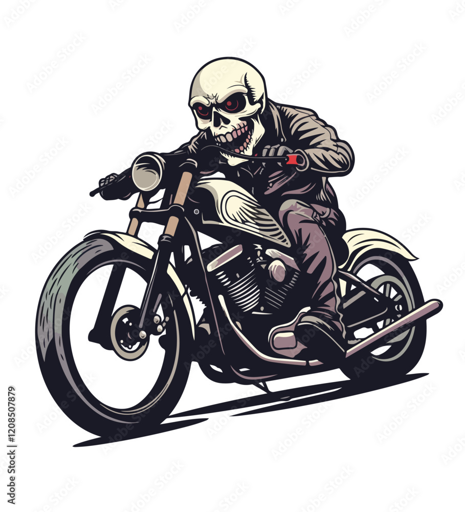 Skeleton is Riding a Classic Motorcycle isolated white background
