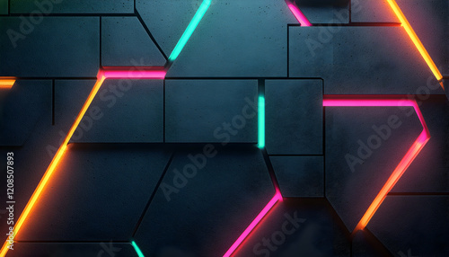 Abstract geometric background with vibrant neon lights illuminating dark grey textured blocks. Ideal for modern tech, gaming, and futuristic designs.