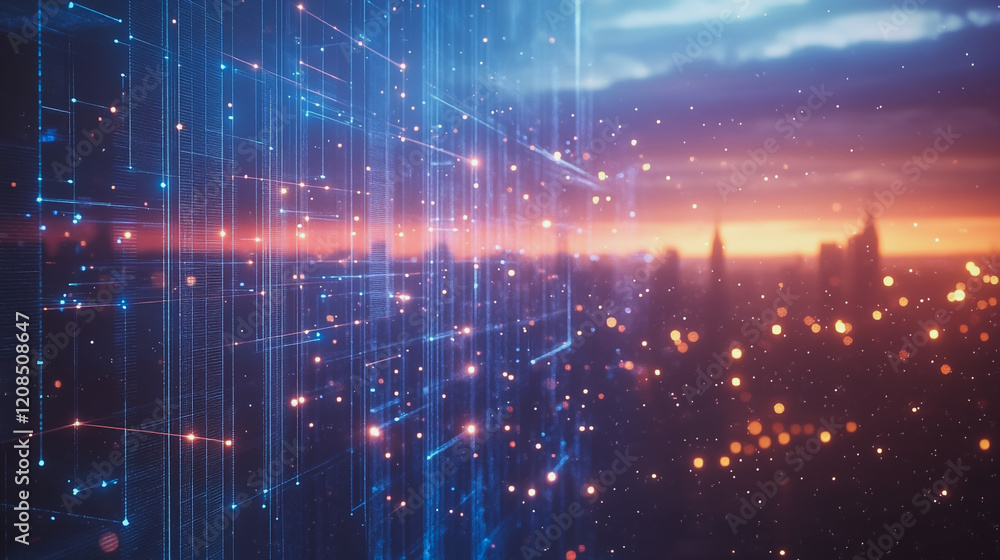 Obraz premium Smart Innovation city with connection cyber security network reciprocity over the sunset cityscape future wireless digital city and social media networking systems that connects people in the city