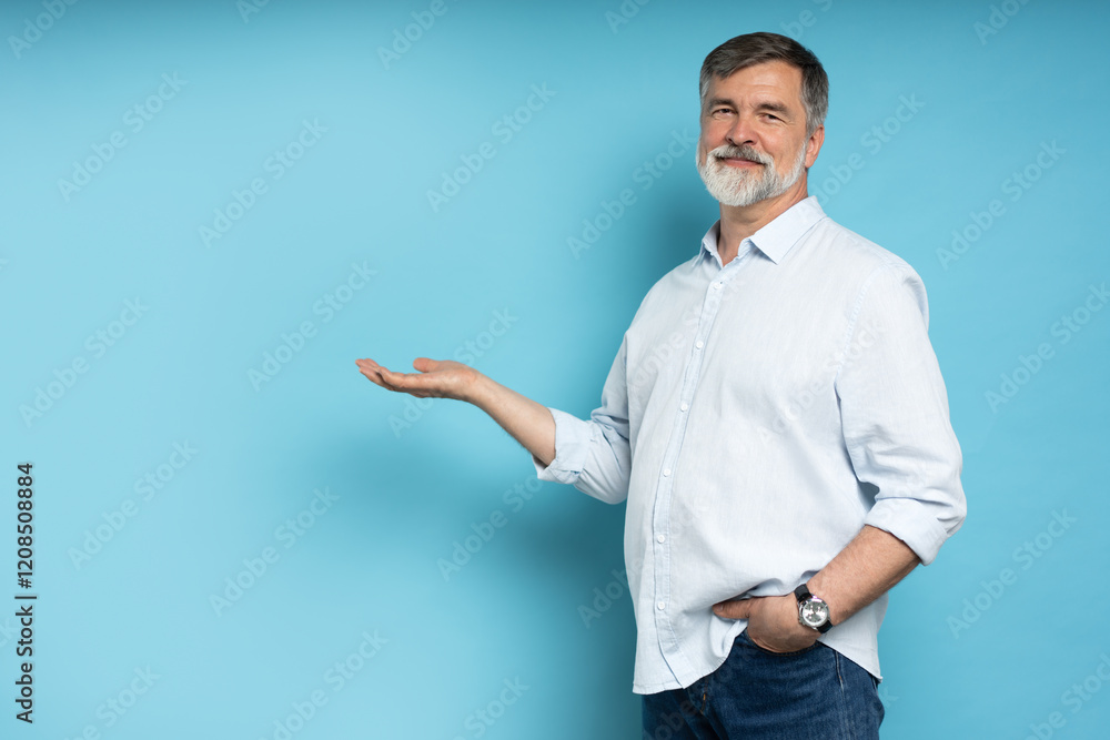 mid aged business man presenting something in the back while holding a hand in his pocket and smiling for the camera mid aged business man presenting something in the back while holding a hand in his pocket and smiling for the camera