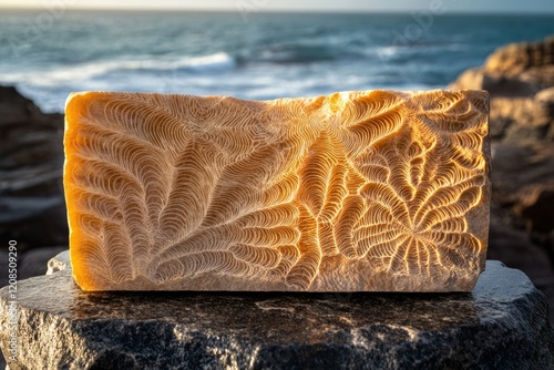 Intricate patterns etched in a golden stone slab, resembling ocean waves, rest on a dark rock against a blurred sea backdrop. photo