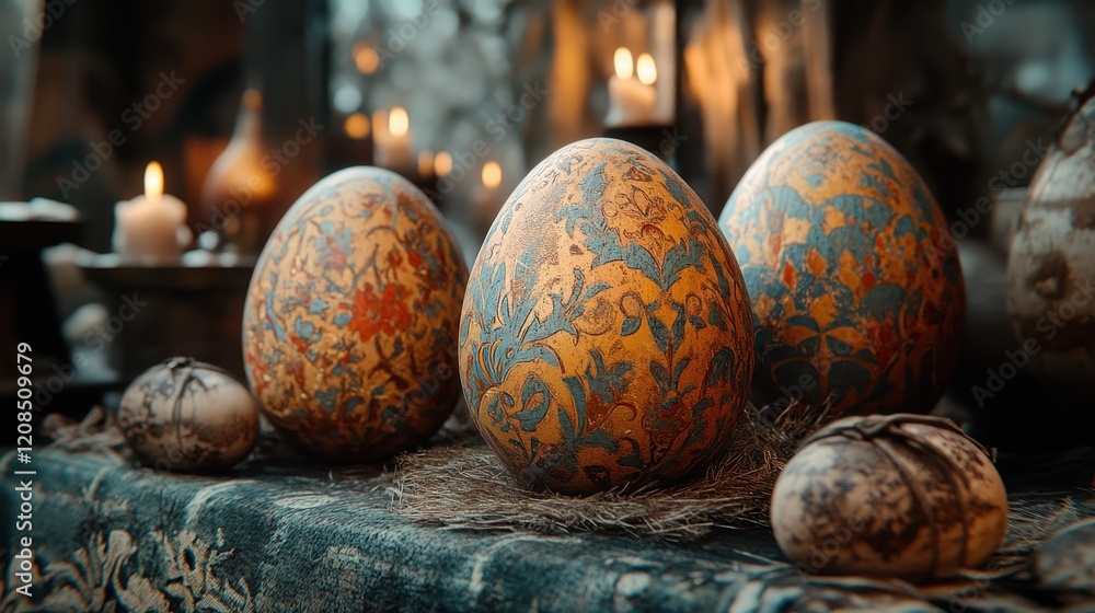 Ornate easter eggs with intricate patterns on rustic table setting Ornate easter eggs with intricate patterns on rustic table setting