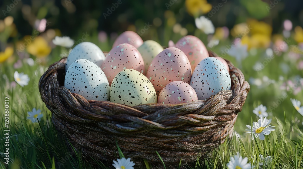 Vibrant easter basket with colorful eggs and flowers on lush green meadow Vibrant easter basket with colorful eggs and flowers on lush green meadow