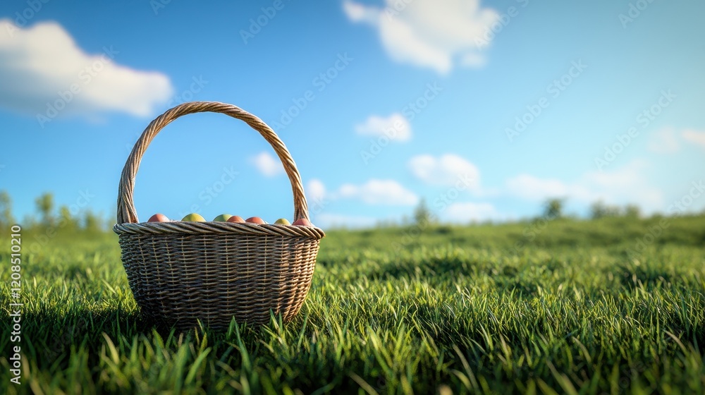 Easter egg hunt scene with empty basket on grass under blue sky Easter egg hunt scene with empty basket on grass under blue sky