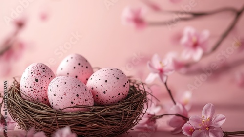 Easter eggs in a nest with blossoms and pink background for spring celebration