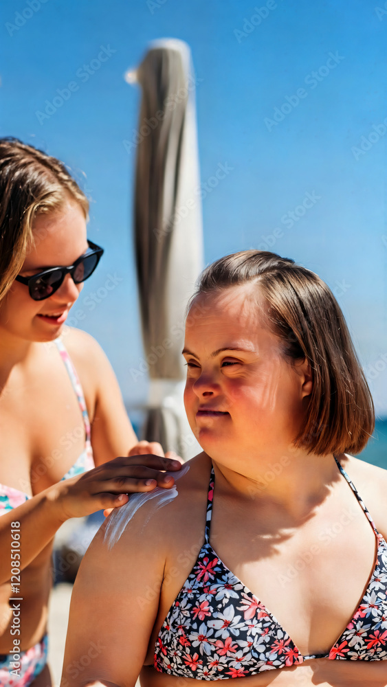 Girls on the beach on a sunny day. Concepts of special person, syndrome, chromosomal disorder, sunscreen, safety, relaxation, vacation, tanning, support, friendship, communication, care, inclusiveness Girls on the beach on a sunny day. Concepts of special person, syndrome, chromosomal disorder, sunscreen, safety, relaxation, vacation, tanning, support, friendship, communication, care, inclusiveness