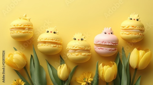 Easter celebration with macaron chicks and yellow tulips for festive decor photo