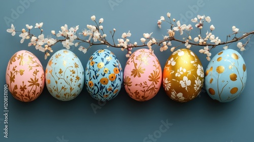 Elegant easter eggs in pastel and gold with floral designs for holiday decor inspiration photo