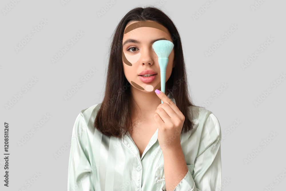 Beautiful young woman with makeup brush against grey background Beautiful young woman with makeup brush against grey background