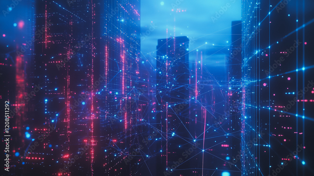 Obraz premium Smart digital Innovation city with connection network reciprocity over the cityscape. of future smart wireless digital city and social media networking systems that connects people with in city
