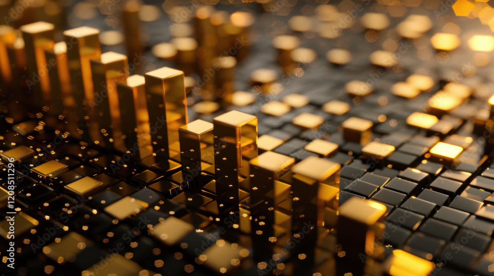 Fototapeta premium Golden cubes and bars create dynamic abstract background, symbolizing wealth and finance. shimmering effect adds depth and elegance to composition
