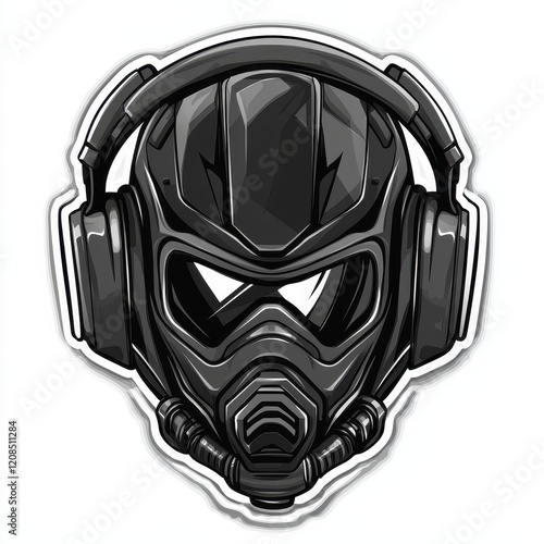 Futuristic tactical gas mask illustration with bold black design and detailed textures in a modern graphic style photo