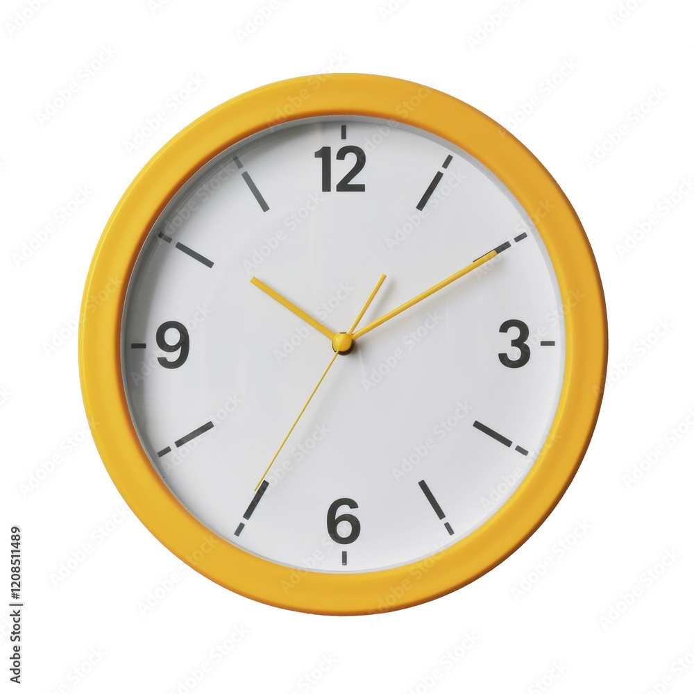 Bright yellow wall clock displaying time with black numbers isolated on white Bright yellow wall clock displaying time with black numbers isolated on white