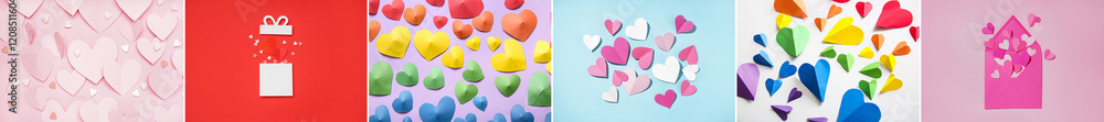 Collage of many paper hearts on color background. Valentine's Day celebration Collage of many paper hearts on color background. Valentine's Day celebration