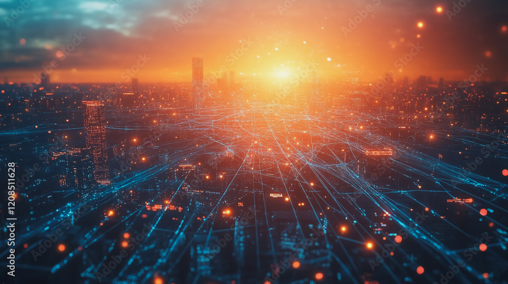 Obraz premium Smart digital Innovation city with connection network reciprocity over the cityscape. of future smart wireless digital city and social media networking systems that connects people with in city