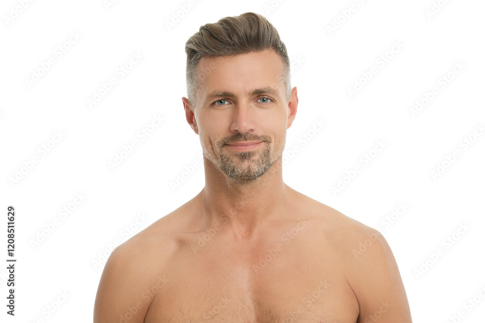 Skincare and shaving. Man face portrait isolated on white. Shaving to have a smooth skin. Male skincare and beauty. Mature man has smooth skin. Man smiling after shower and shaving Skincare and shaving. Man face portrait isolated on white. Shaving to have a smooth skin. Male skincare and beauty. Mature man has smooth skin. Man smiling after shower and shaving