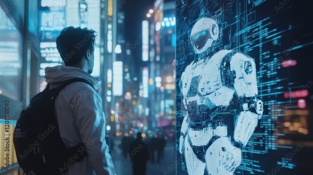 Young adult male viewing futuristic robot display in neon-lit urban street Young adult male viewing futuristic robot display in neon-lit urban street