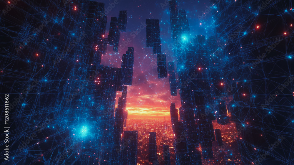 Obraz premium Smart digital Innovation city with connection network reciprocity over the cityscape. of future smart wireless digital city and social media networking systems that connects people with in city